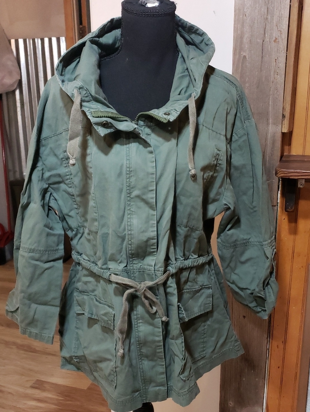 Gap Army Green Women Large Hooded Utility Jacket Full Zip Pockets